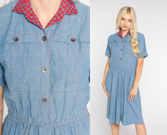 80s Blue Denim Mini Dress Red Collar Button-Up High Waist Small Medium
