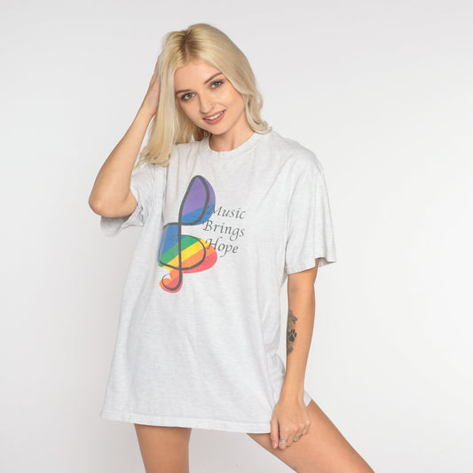 Y2K Music Brings Hope Treble Clef Graphic Tee Heather Grey Large