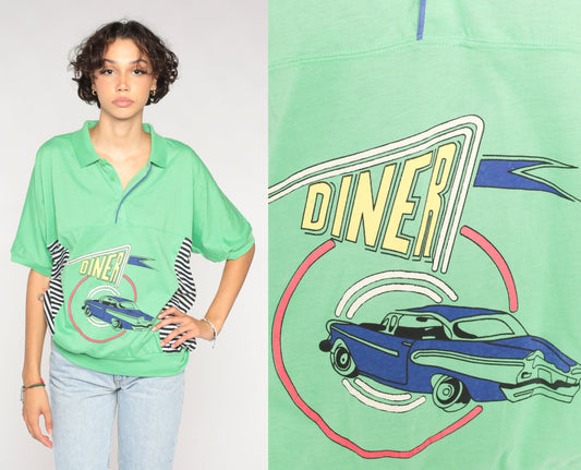 90s Le Tigre Polo Shirt Lime Green Classic Car Diner Graphic Striped Extra Large