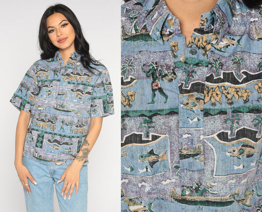 Y2K Tropical Fishing Island Print Button-Up Shirt Purple Blue Cotton Extra Small