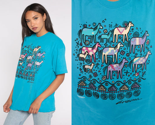 90s Arizona Wild Horse Graphic T-Shirt Blue Southwestern Petroglyph Extra Large