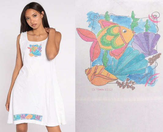 90s Tropical Fish Seashell Tank Dress White Cotton Empire Waist Large