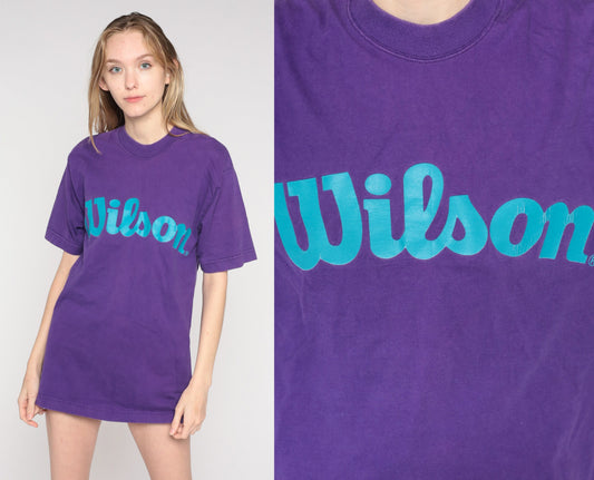90s Wilson Purple Spellout Graphic T-Shirt Cotton Medium
