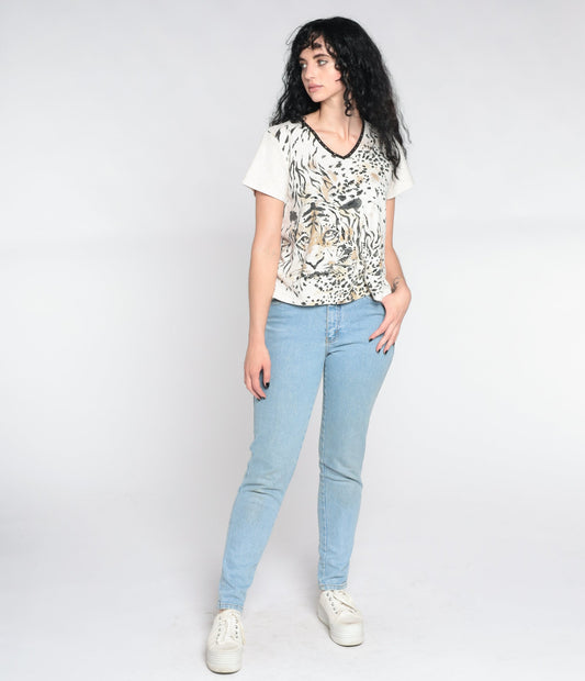Y2K Tiger Face Studded Graphic T-Shirt Cream Beaded Animal Tee Large L
