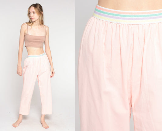 80s Baby Pink Striped Elastic Waist Tapered Trousers Small