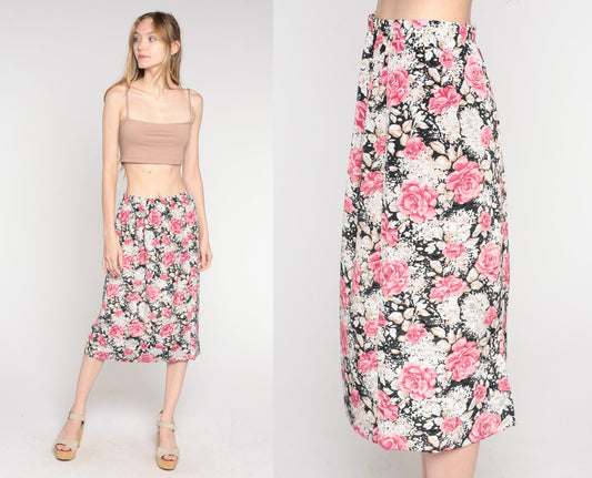 90s Floral Midi Skirt Pink Black High Waist Rayon Small Medium