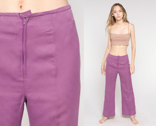 70s Purple Bell Bottom Pants High Waist Wide Leg Trousers Small