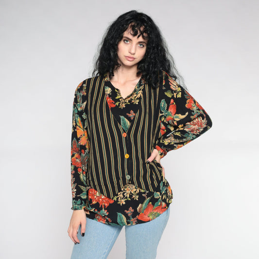 90s Carol Little Floral Blouse Black Striped Attached Vest Button Up Large