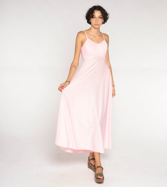 70s Baby Pink Empire Waist Maxi Dress Sleeveless Small S