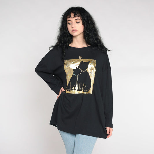 90s Cat Mama Baby Kitten Graphic Tee Gold Metallic Heart Black Extra Large