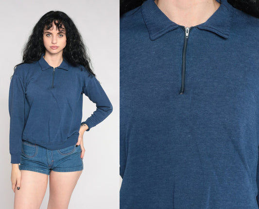 90s Blue Quarter Zip Collared Pullover Sweatshirt Plain Medium M
