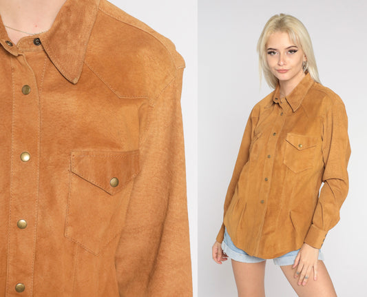 90s Brown Leather Snap Shirt Long Sleeve Western Button Up Medium M
