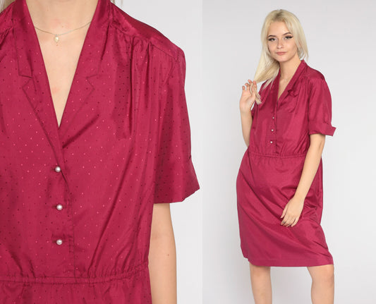 80s Berry Red Shirtwaist Mini Dress Embossed Dots Button-Up Collar Medium Large
