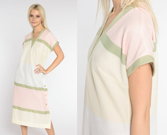 70s Striped Shift Midi Dress Cream Pink Green Grey V Neck Medium