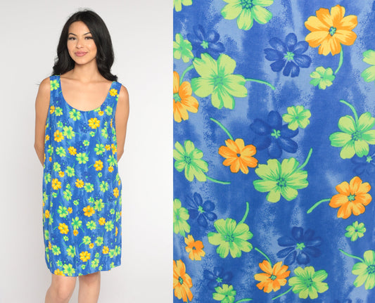 90s Blue Floral Mini Dress Sleeveless Shift Scoop Neck Summer Large