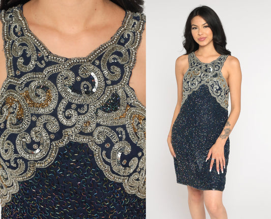 90s Navy Silk Beaded Mini Dress Sleeveless Sheath Small S