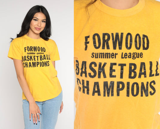 70s Forwood Elementary Basketball Champions T-Shirt Yellow Graphic Tee Medium