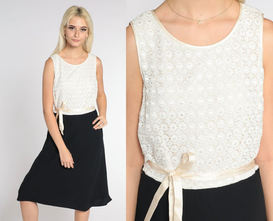 90s Black White Floral Lace Midi Dress High Waisted A-Line Sleeveless Medium