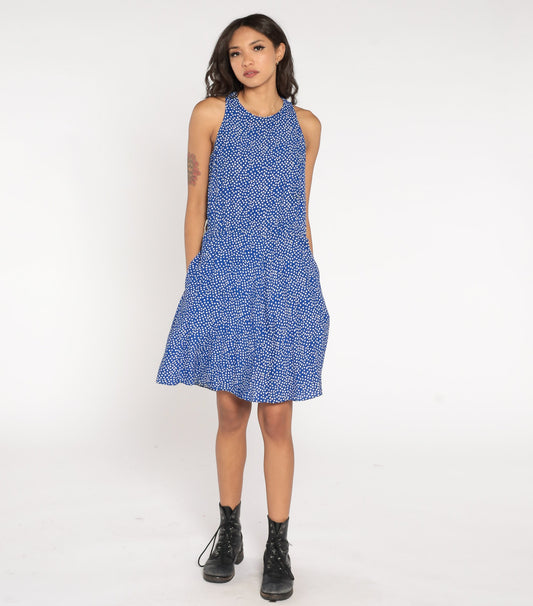 80s Blue Tulip Floral Mini Dress Sleeveless High Waist A-Line Extra Small