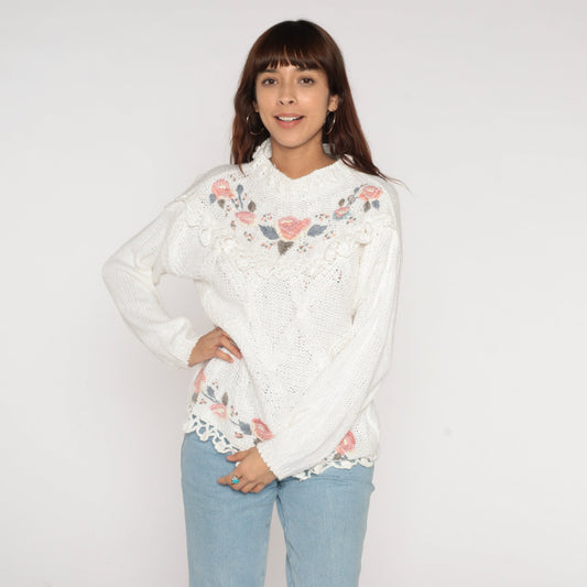 90s White Floral Brocade Knit Sweater Mock Neck Scalloped Crochet Trim Medium
