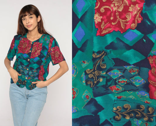 90s Fritzie Abstract Floral Geometric Button-Up Blouse Short Sleeve Small