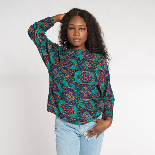 90s Geometric Tile Print Rayon Blouse Long Sleeve Medallion Top Medium