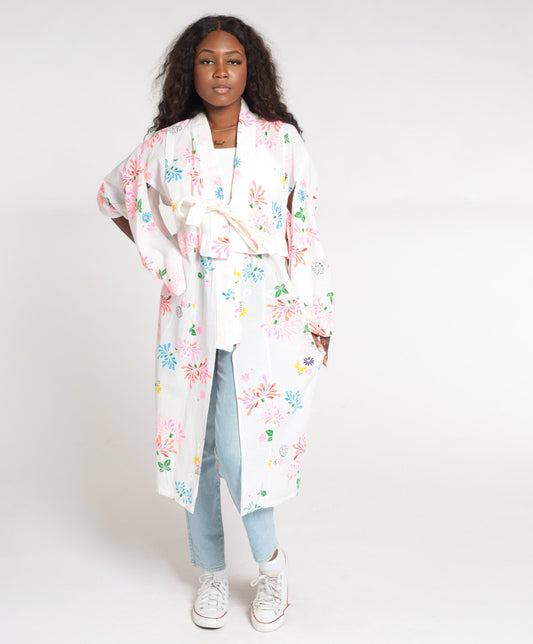 90s White Floral Kimono Robe Midi Length Tie Front Small Medium Large