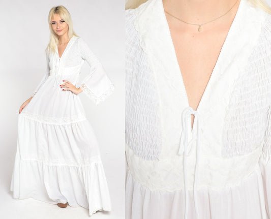 70s White Maxi Dress Angel Bell Sleeve V Neck Empire Waist Smocked Small