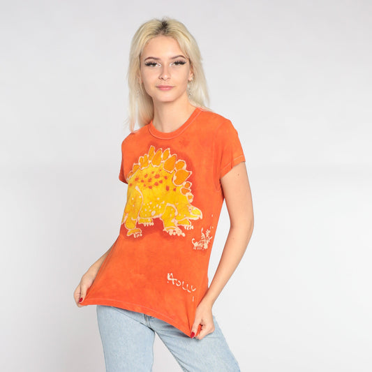 80s Stegosaurus Dinosaur Tie Dye Graphic T-Shirt Holly Orange Single Stitch XS