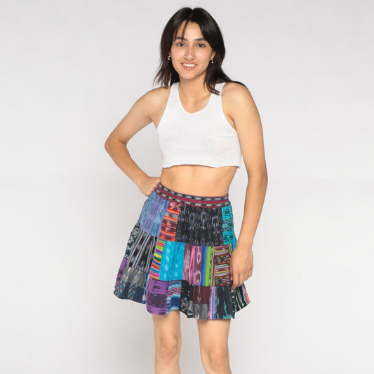 Y2K Patchwork Mini Skirt High Waist Tiered Cotton Extra Small