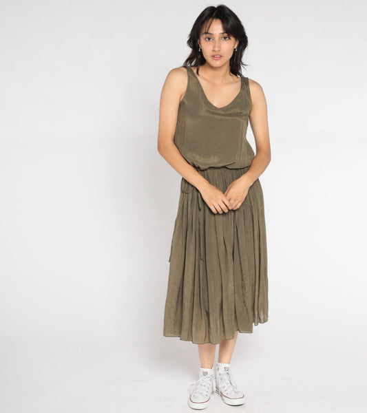Y2K Metallic Bronze Midi Dress Sleeveless Pleated High Waist Small S