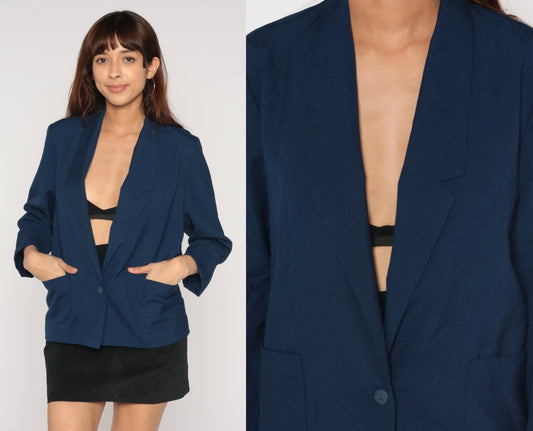 90s Navy Blazer Button-Up Jacket Structured Single-Breasted Small