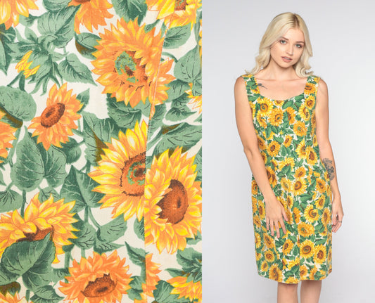 60s Sunflower Print Mini Dress Sleeveless Sheath Mod Small Medium