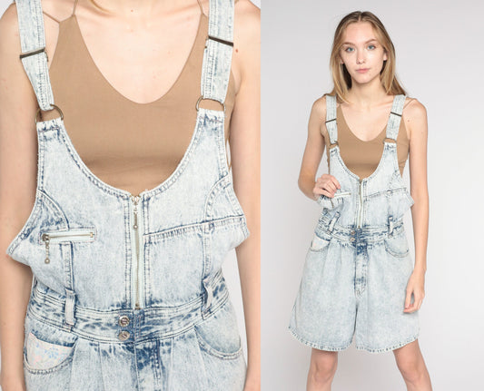 90s Acid Wash Denim Shortalls Light Blue Suspender Zip Chest Small S