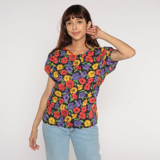 90s Black Floral Print Shirt Short Sleeve Henley Medium M