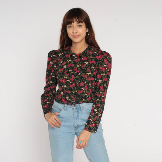 80s Black Floral Puff Sleeve Button-Up Blouse Double Breasted Medium