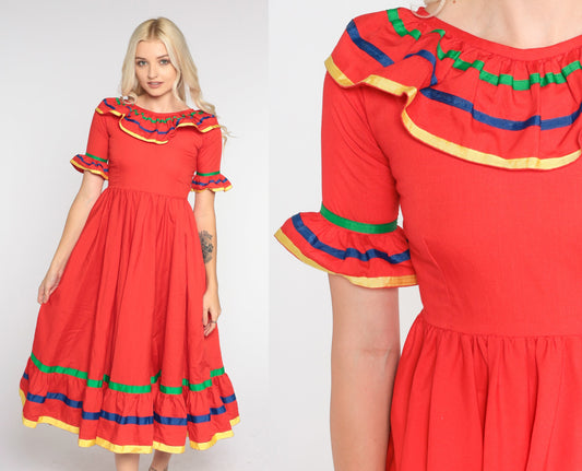 80s Red Prairie Midi Dress High Waisted Tiered Ruffled Short Sleeve Extra Small