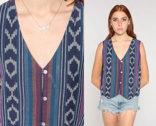 90s Blue Ikat Striped Button-Up Vest Cotton Sleeveless Top Medium