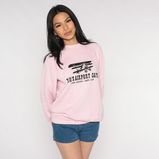 80s Flo's Airport Cafe Graphic Sweatshirt Baby Pink Raglan Large