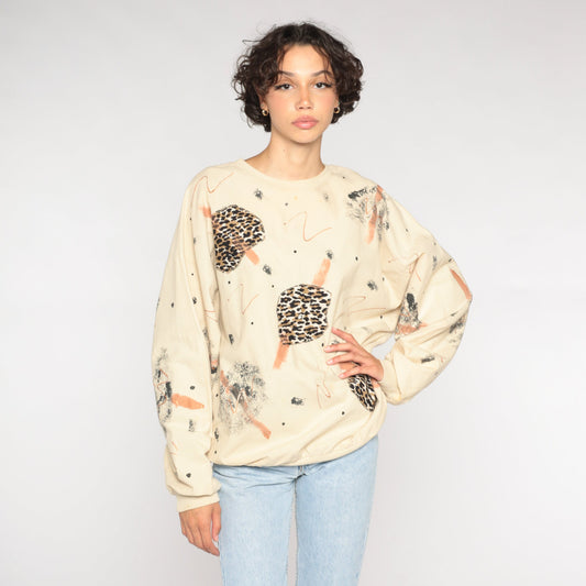 80s Animal Print Abstract Brushstroke Long Sleeve Shirt Cream Cotton Large