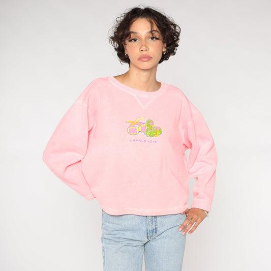 90s Charlevoix Michigan Graphic Sweatshirt Hot Pink Crewneck Medium