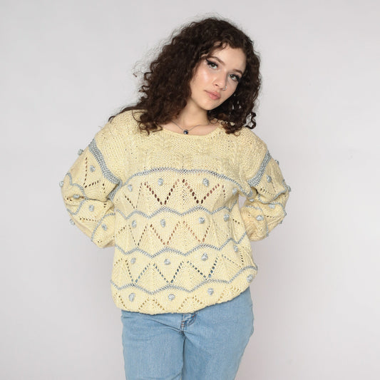 80s Metallic Cream Sweater Silver Sheer Pointelle Knit Cable Medium