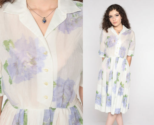 60s Floral Shirtwaist Dress White Lavender Button-Up Midi Small