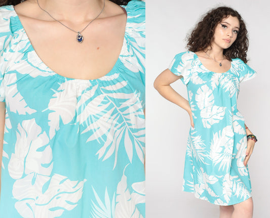 80s Tropical Leaf Print Mini Dress Blue Short Sleeve Shift Medium