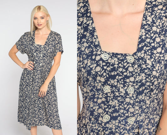 90s All That Jazz Navy Floral Midi Dress Double Breasted High Waist Small