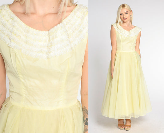 60s Yellow Chiffon Maxi Dress Lace Trim High Waist Full Skirt Extra Small