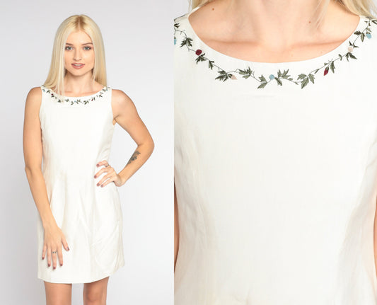 00s Ann Taylor White Silk Mini Dress Floral Embroidered Sleeveless Shift Extra Small XS