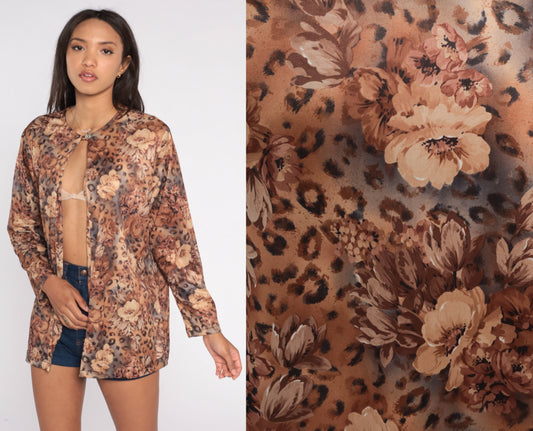 80s Floral Leopard Print Long Sleeve Blouse Animal Print Shirt Large