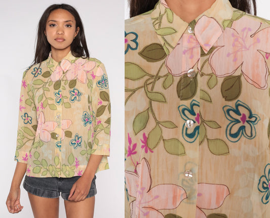Y2K Floral Button-Up Blouse Semi Sheer Beige Long Sleeve Collared Medium