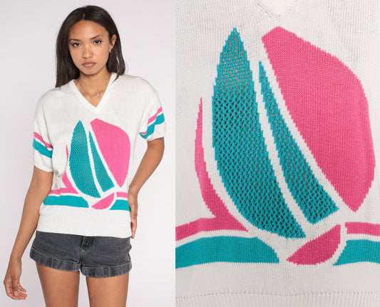 80s Sailboat Nautical Knit Sweater White Pink Blue Cutout Short Sleeve Small S